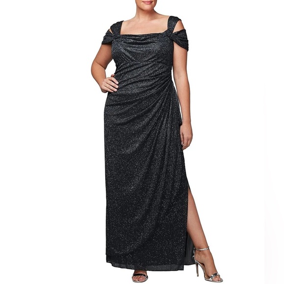 Alex Evenings
Plus Size Cold Shoulder Cowl Neck Cap Sleeve Glitter Mesh Gown - Picture 1 of 7